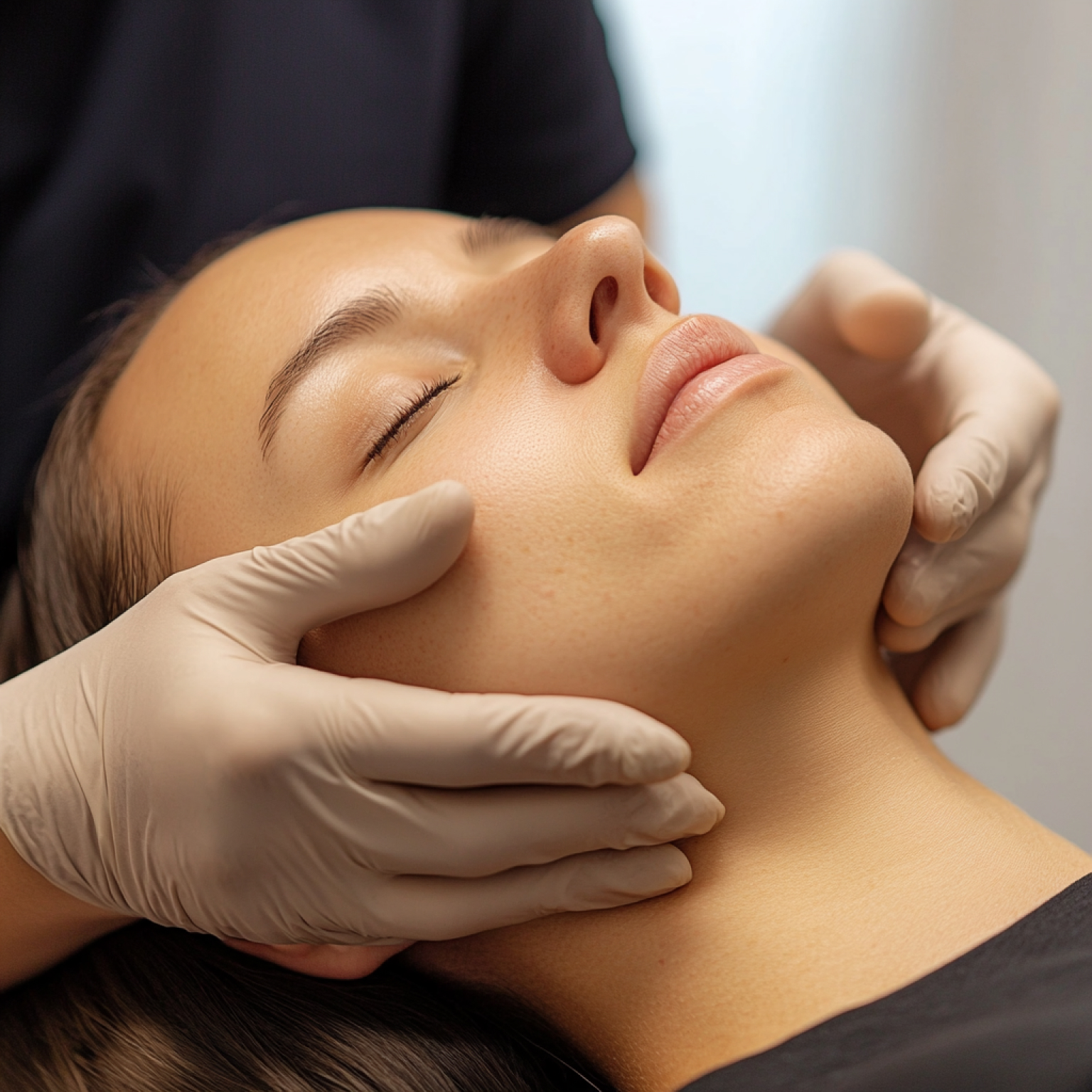 A person receives a facial massage, eyes closed, with gloved hands gently cradling their face, conveying relaxation and tranquility in a serene setting.