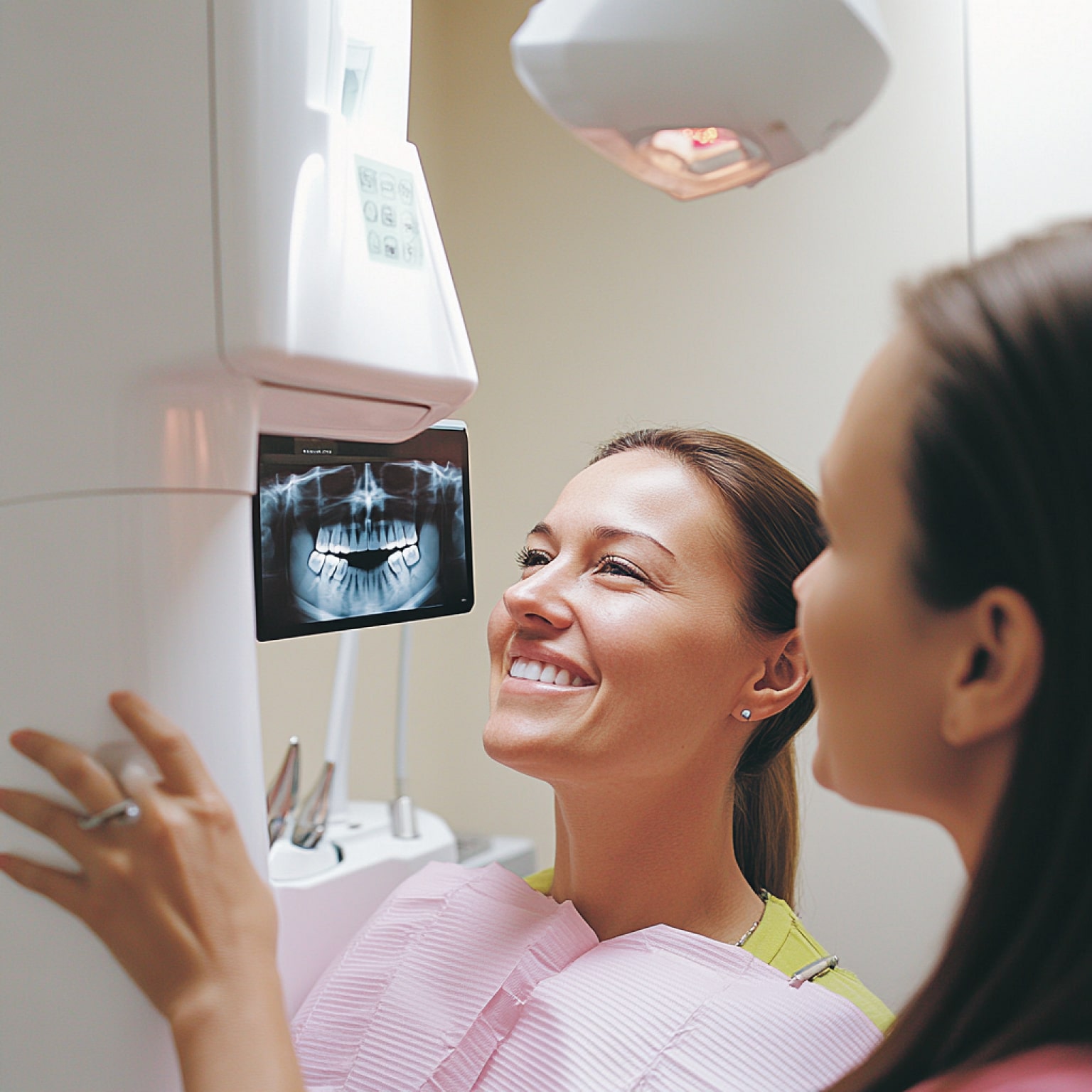 A smiling person in a dental office undergoes a panoramic X-ray scan, while another person monitors the imaging process.