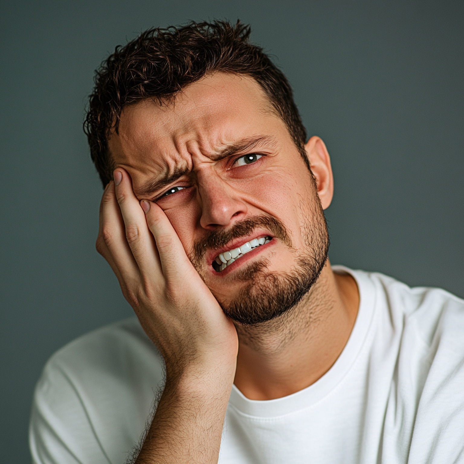 A person in a white shirt expresses discomfort, holding their face with one hand, against a neutral gray background.