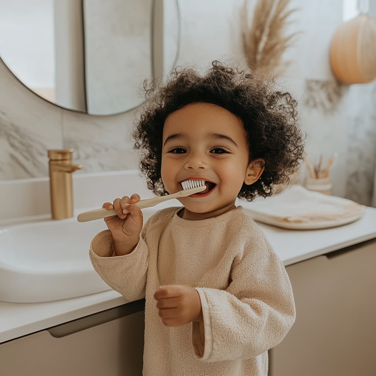 A child smiles while brushing teeth in a modern bathroom, standing near a round mirror and beige sink. Casual setting, soft colors.