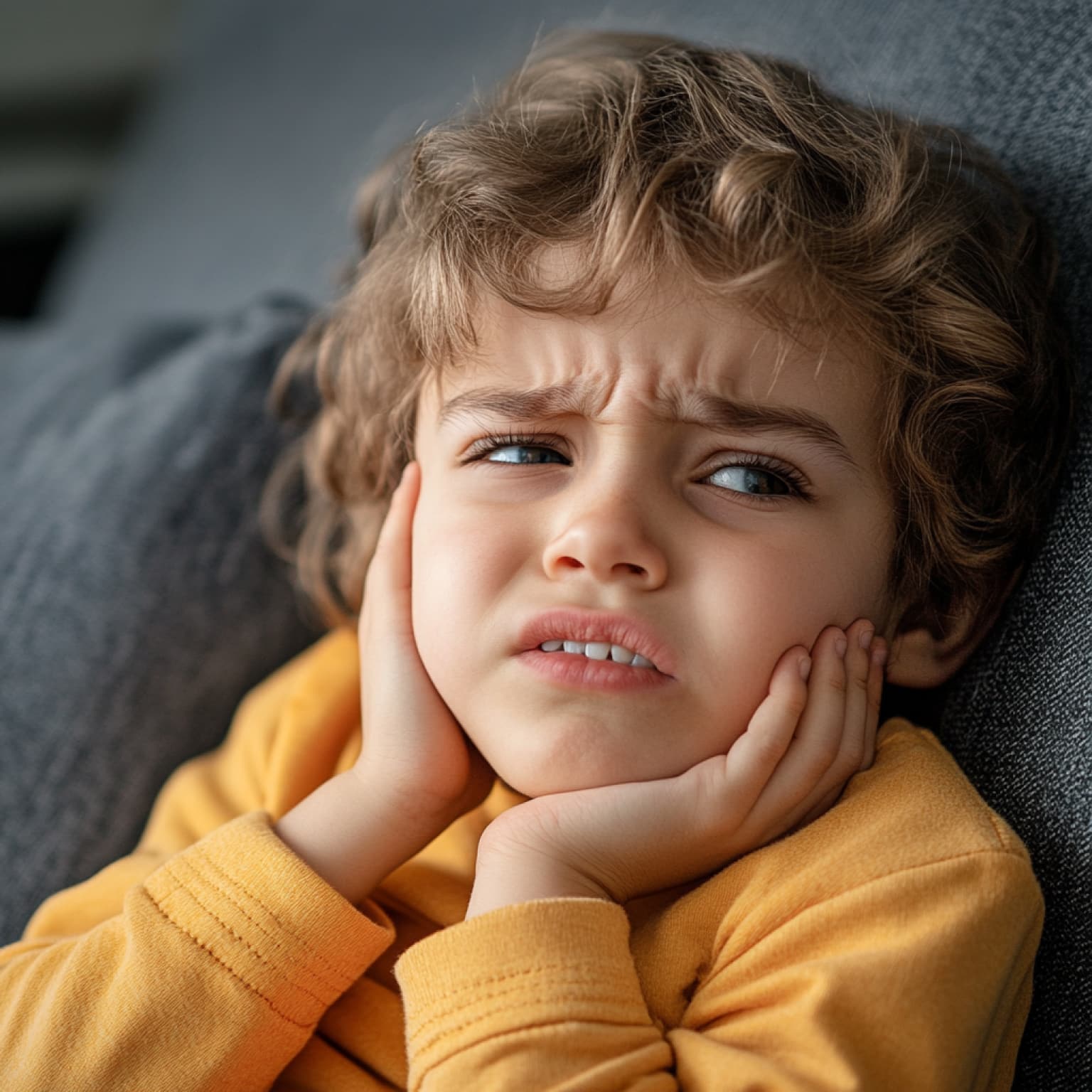 A child with curly hair appears troubled, sitting on a sofa, resting their face on their hands, wearing a yellow shirt in a cozy setting.