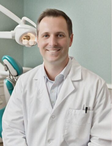 A person in a white coat sits in a dental office, smiling, with dental equipment visible in the background.
