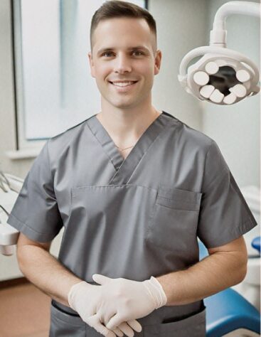 A person in grey scrubs stands in a dental office, smiling with gloved hands. A dental lamp and chair are visible behind.