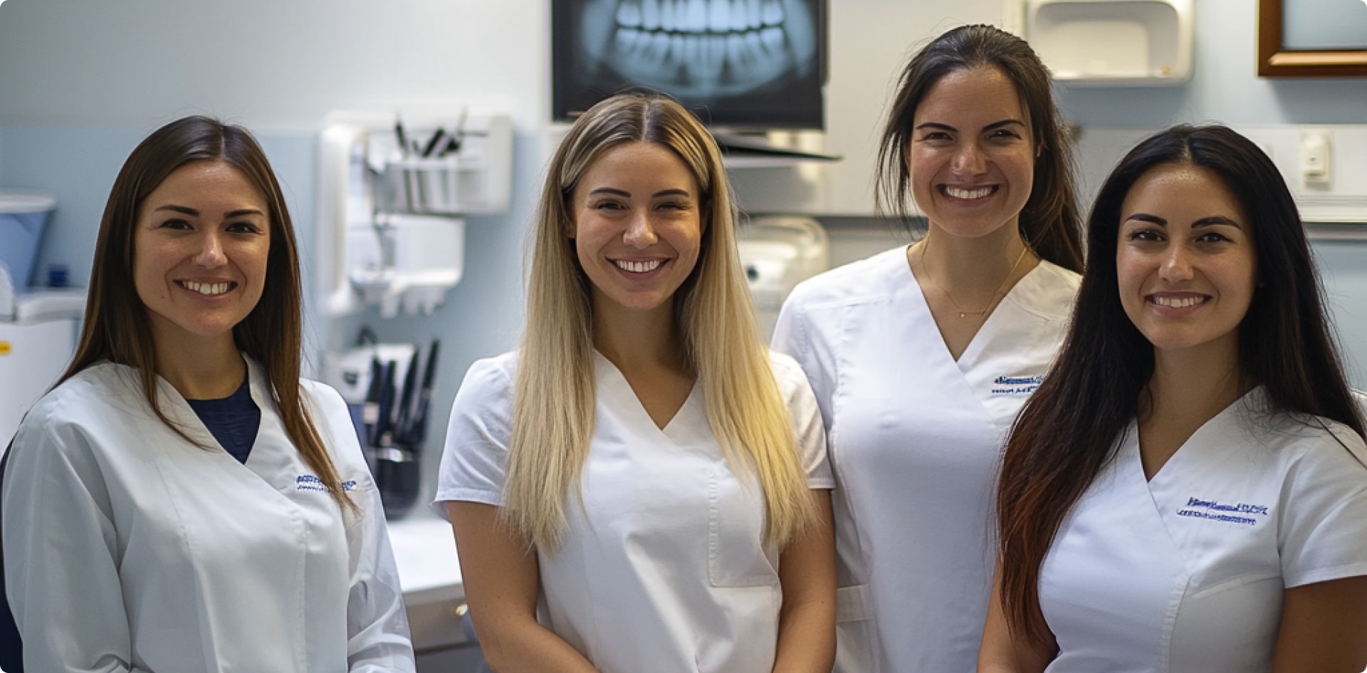 Four persons in white uniforms smile in a dental clinic setting, with dental equipment and an X-ray image in the background.