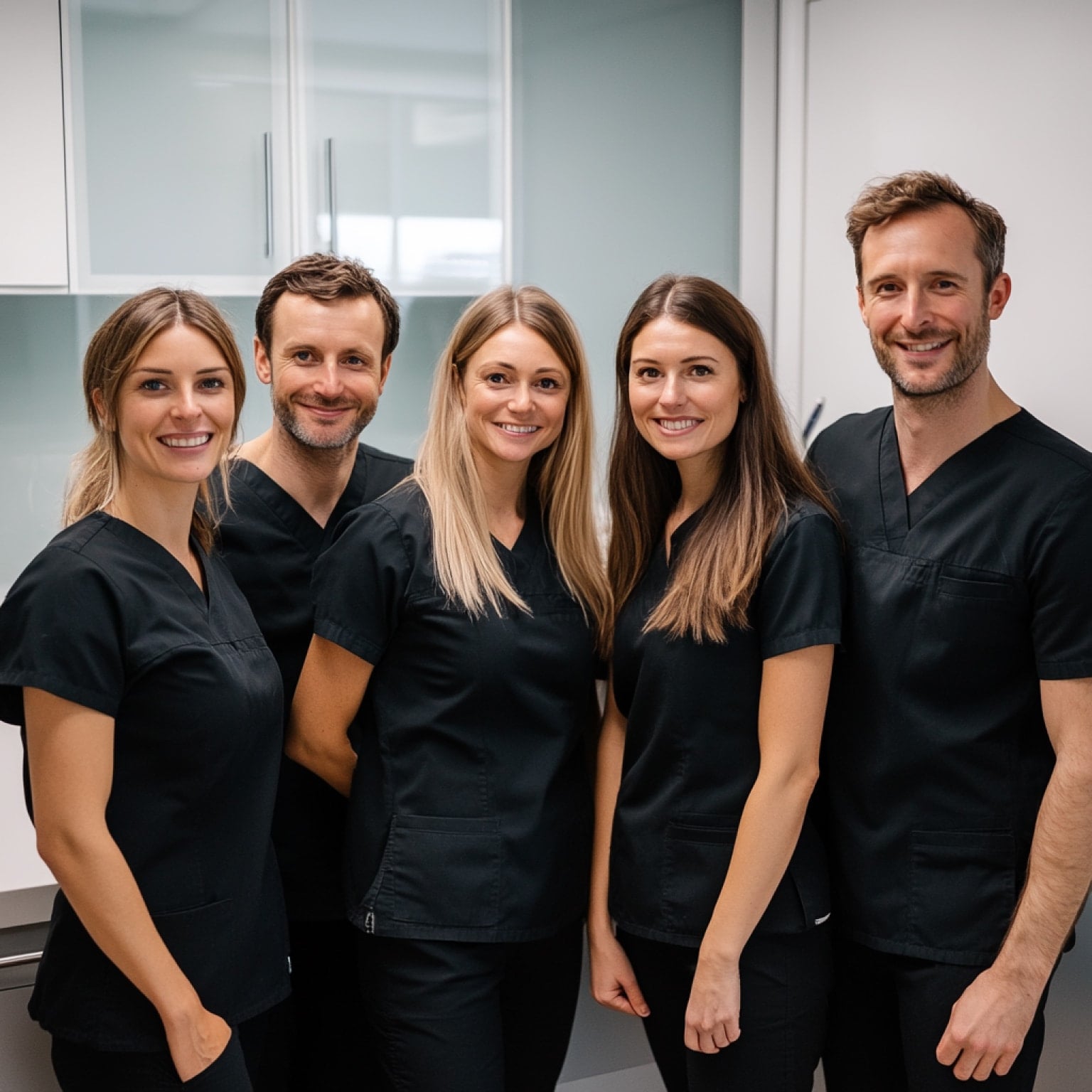 Five people in black scrubs smile inside a modern, bright room, with white cabinets and a glass door in the background.