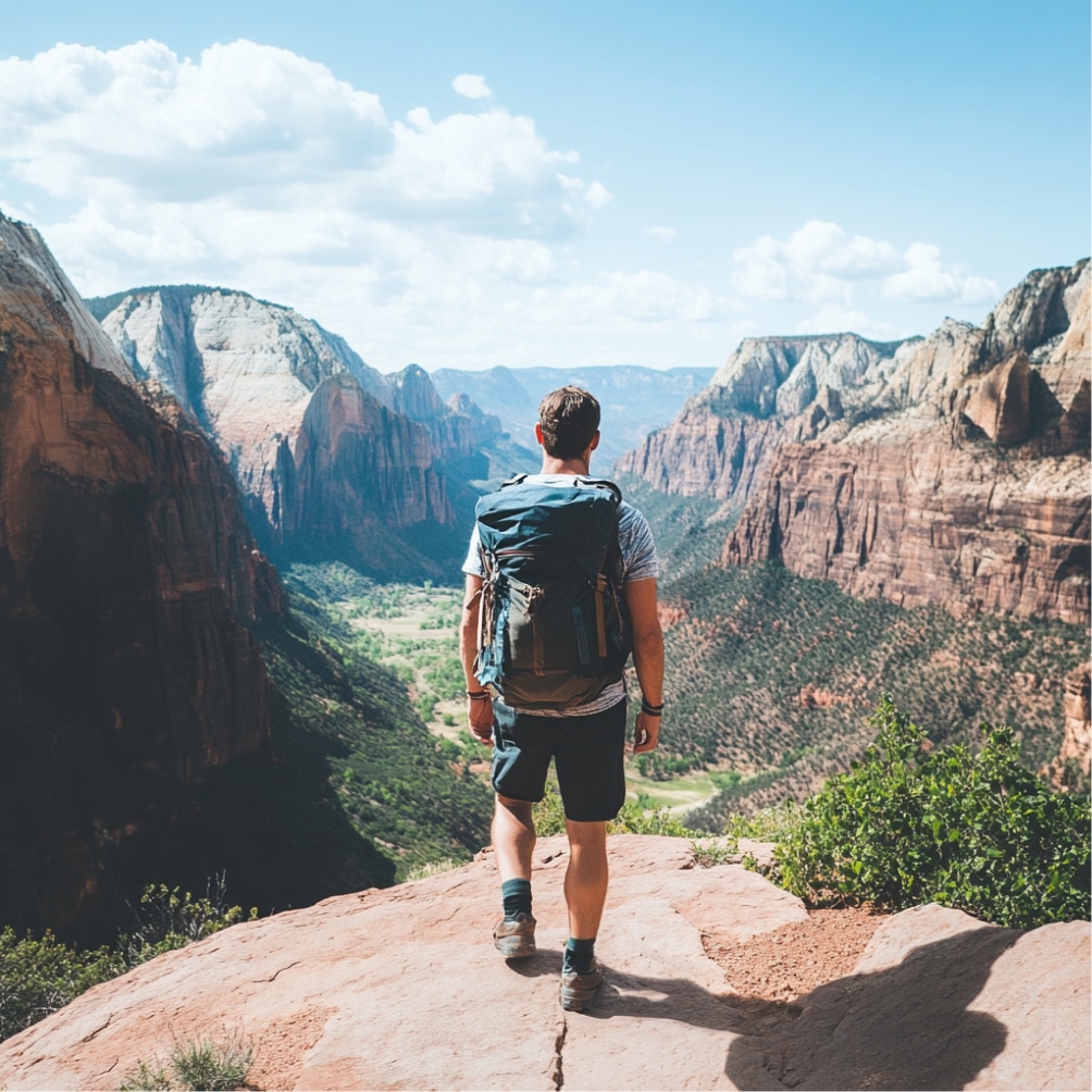 A person with a backpack overlooks a stunning canyon landscape, under a blue sky with scattered clouds, surrounded by red rock formations.