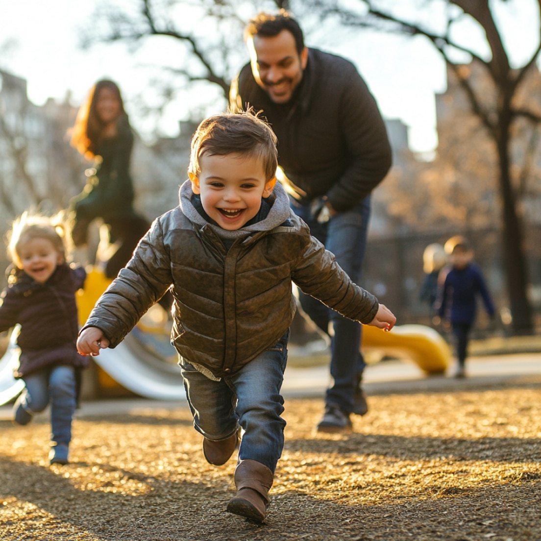 Children joyfully run towards the camera in a sunlit park, followed by two smiling people, with trees and blurred background elements.