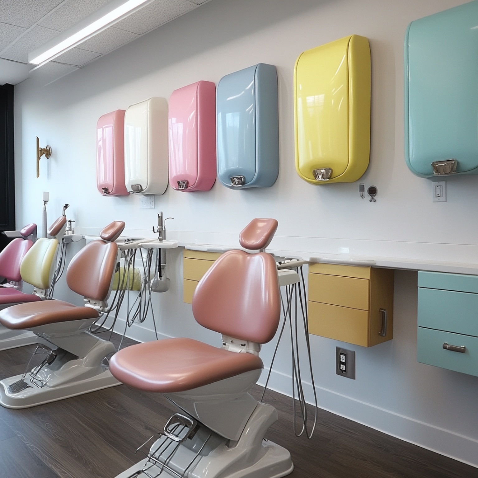 Three empty dental chairs in a brightly decorated room with colorful wall-mounted units and modern design.