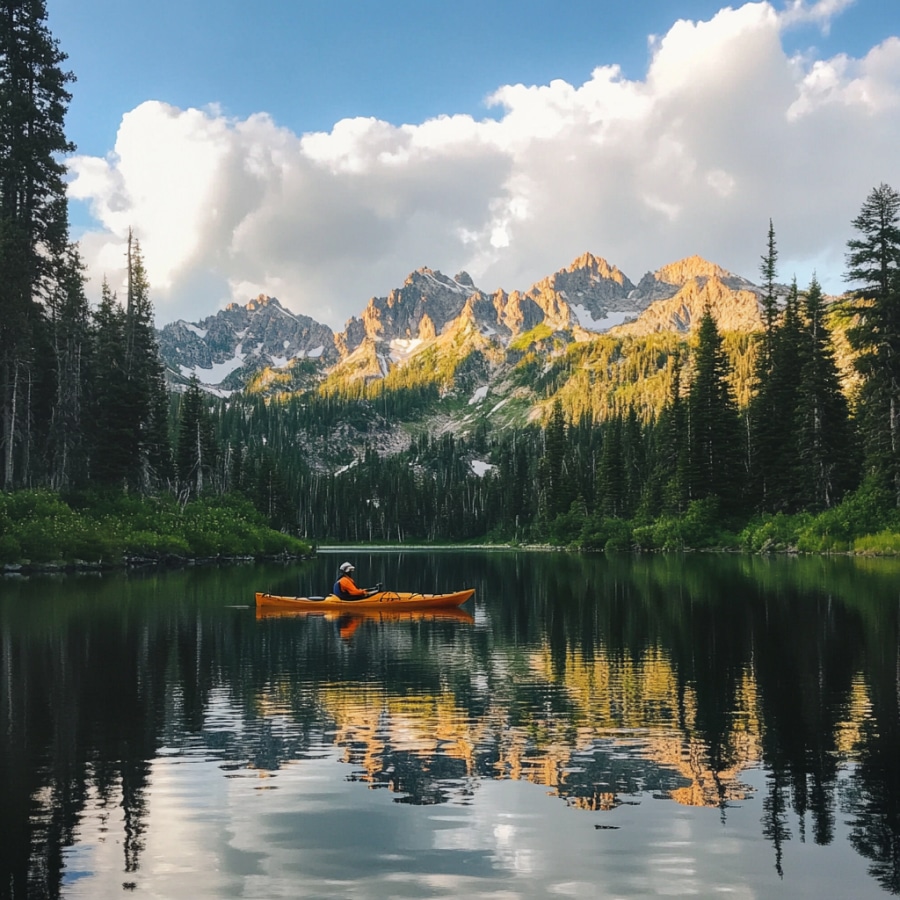 A person kayaks on a serene lake surrounded by pine trees and rugged mountain peaks under a partly cloudy sky, reflecting on water.