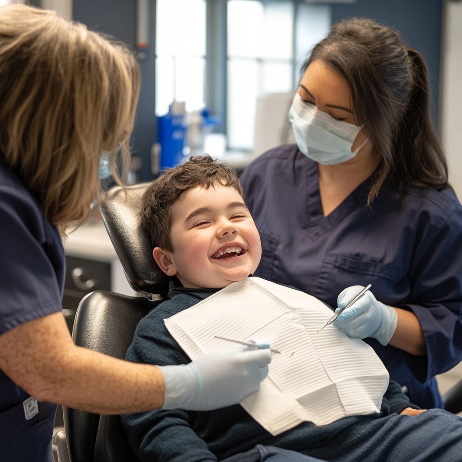 A smiling child sits in a dental chair, surrounded by two masked dental professionals. Bright, clean clinic environment.