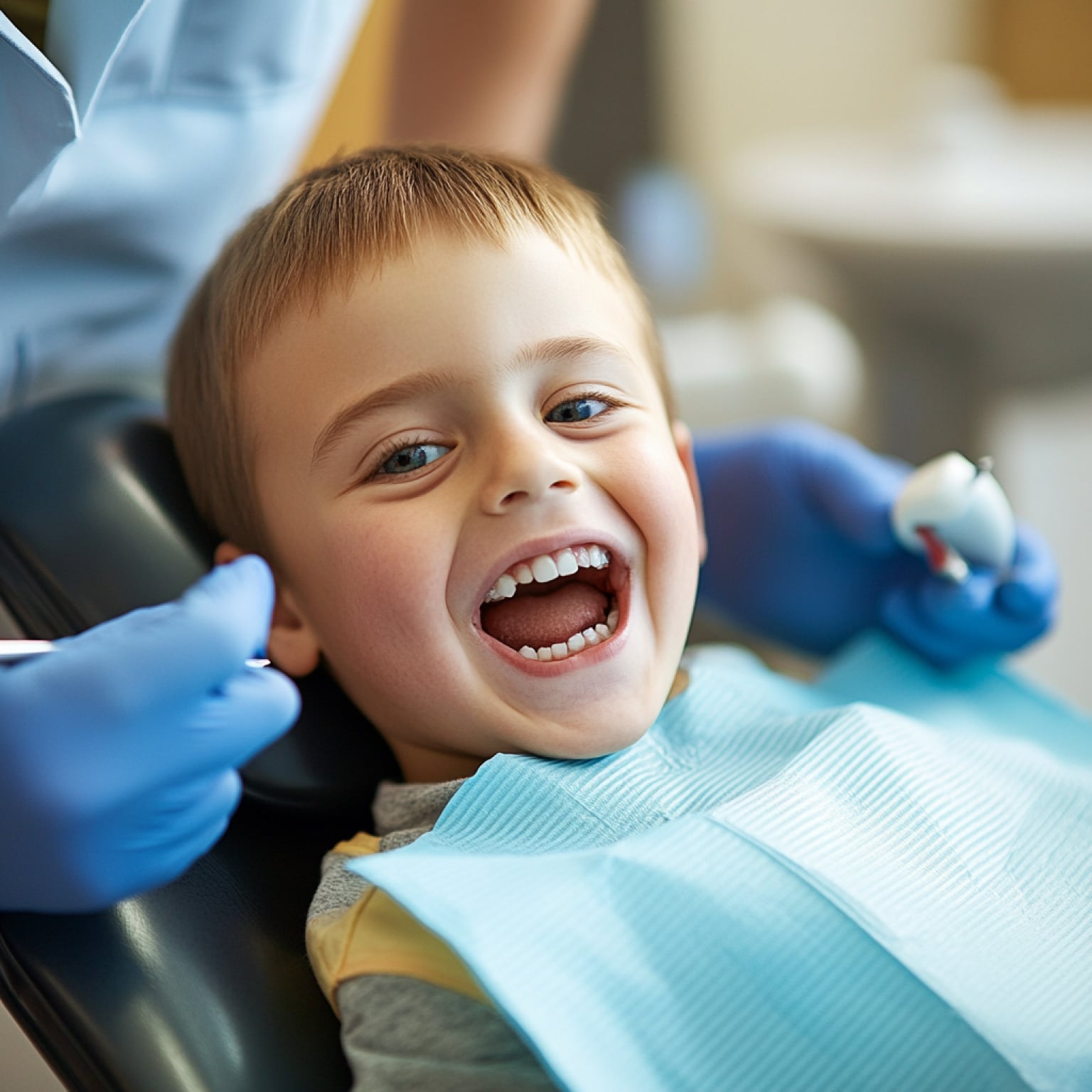 A cheerful child at the dentist, sitting in a chair wearing a blue bib, while a person with gloves prepares dental tools.