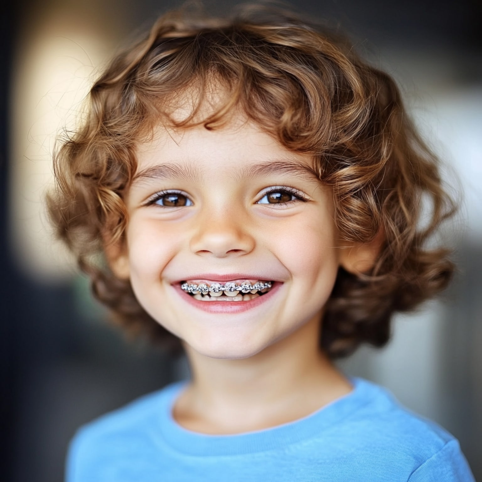 A smiling child with curly hair and braces, wearing a blue shirt, stands indoors with a blurred background, conveying joy and innocence.