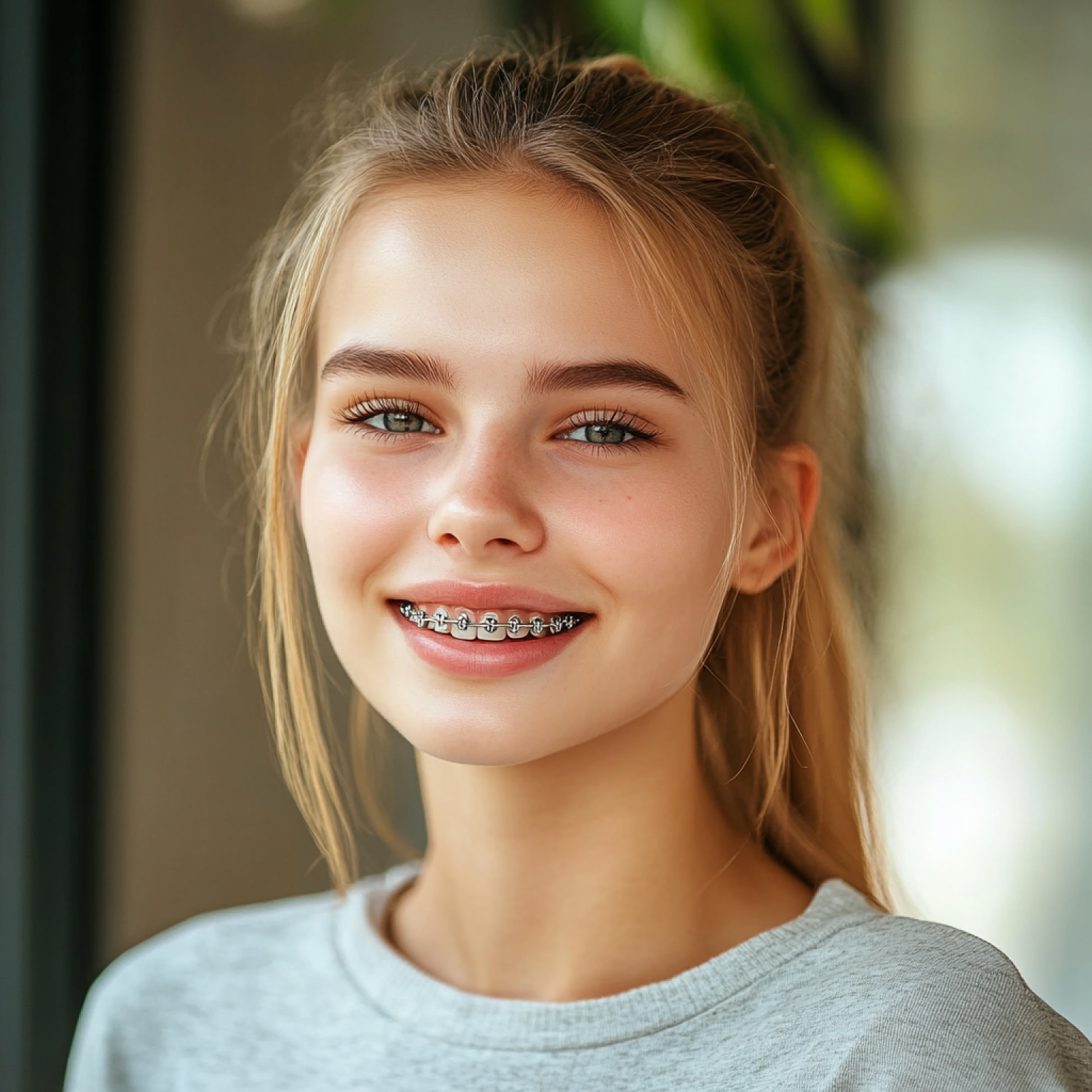 A person with long hair and braces smiles warmly, wearing a gray shirt. Blurred greenery and light background create a serene atmosphere.