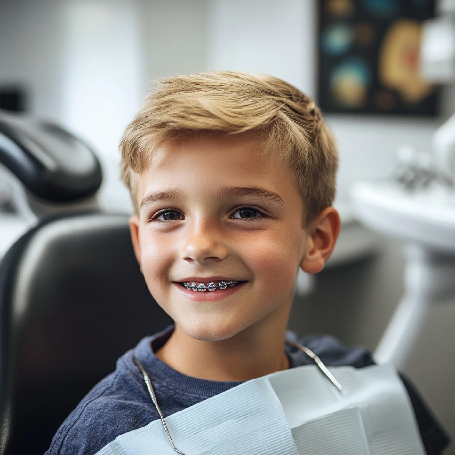 A smiling child with braces sits in a dental chair, wearing a dental bib, in a brightly lit dentist's office.